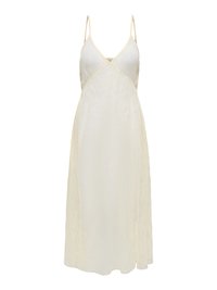 Robe midi sans manches couleur crème avec fines bretelles, encolure en V et motif subtil sur tissu texturé.