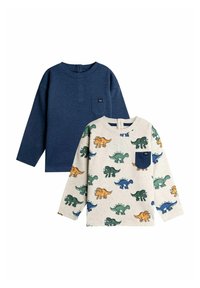Két hosszúujjú kisfiú ing, az egyik sötétkék, mellzsebes, a másik bézs, színes dinoszauruszos mintával és sötétkék zsebbel, mindkettő hátul gombos.