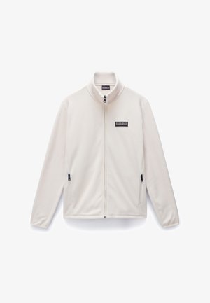 Biała polarowa kurtka z wysokim kołnierzem, pełnym zamkiem błyskawicznym oraz dwiema bocznymi kieszeniami na zamek. Posiada małe logo na klatce piersiowej.