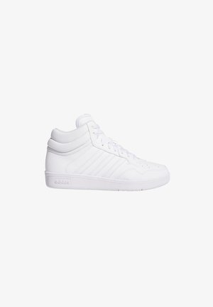 Weißer Sneaker mit hohem Schaft, Schnürung vorne, gepolstertem Kragen, aufgenähten Streifen an der Seite und strukturierter Sohle.
