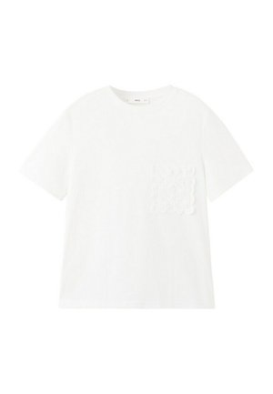 T-shirt bianca a maniche corte con scollo rotondo e tasca sul petto sinistro in pizzo floreale testurizzato.