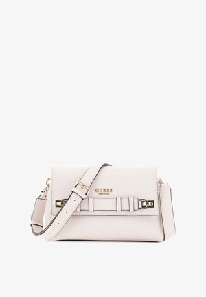 Light beige leather shoulder bag with gold hardware, a flap closure, decorative straps, and an adjustable strap. Features embossed logo.