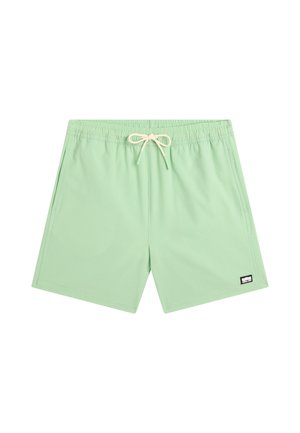 Lichtgroene zwembroek voor mannen met een elastische tailleband, wit trekkoord, zijzakken en een klein zwart-wit logo-label.