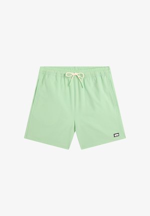 Lichtgroene zwembroek voor mannen met een elastische tailleband, wit trekkoord, zijzakken en een klein zwart-wit logo-label.