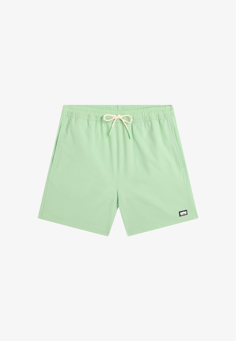 Lichtgroene zwembroek voor mannen met een elastische tailleband, wit trekkoord, zijzakken en een klein zwart-wit logo-label.