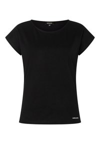Sort t-shirt med korte ærmer lavet af blødt bomuld. Har en rund halsudskæring og et lille logo på den nedre venstre side. Casual pasform.