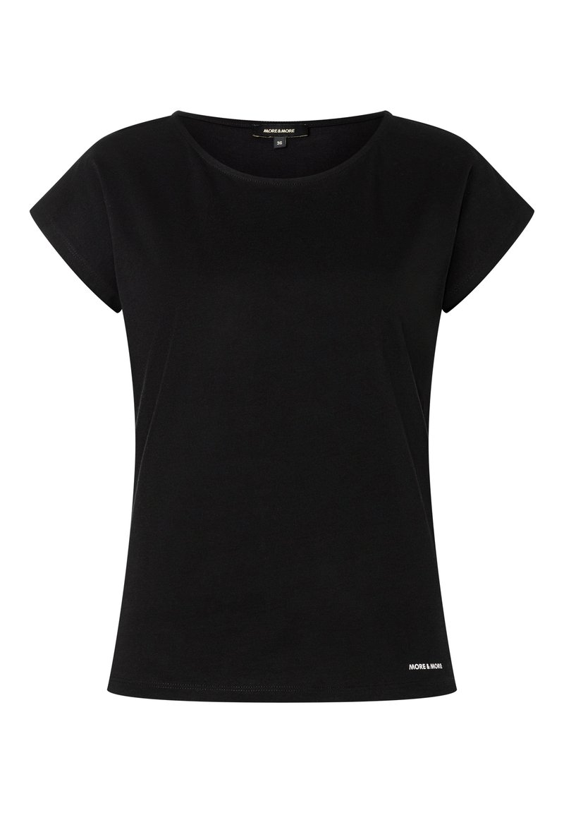 Sort t-shirt med korte ærmer lavet af blødt bomuld. Har en rund halsudskæring og et lille logo på den nedre venstre side. Casual pasform.