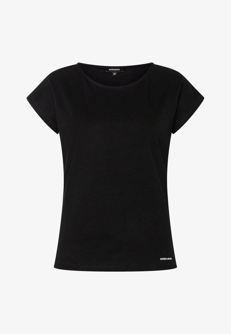 Camiseta negra de manga corta hecha de algodón suave. Presenta un escote redondo y un pequeño logo en la parte inferior izquierda. Ajuste casual.