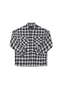 Black and white checkered flannel shirt with long sleeves, two chest pockets, and buttons, featuring a subtle green logo detail.