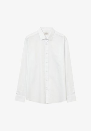 Weißes Langarmhemd mit spitzem Kragen, Knopfleiste vorne und glatter Textur. Verfügt über eine klassische Passform und kein sichtbares Muster.