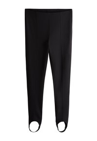 Mustad venivast materjalist retuusid, millel on kõrge vöökoht, sile tekstuur ja unikaalsed lõigatud detailid pahkluu juures.