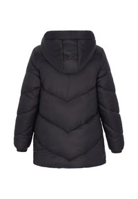 Sort polstret jakke med hætte, der har et chevron-quiltet design, elastiske manchetter og en glat, skinnende stoftekstur.