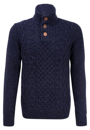 Pulover bleumarin cu guler înalt, având un design texturat cu model de cabluri și trei nasturi din lemn la gât. Manșete și tiv ribbate.