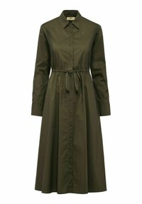 Oliwkowa sukienka koszulowa z długim rękawem i zapięciem na guziki z przodu. Posiada ściągacz w talii i rozszerzany dół. Wykonana z lekkiego materiału.