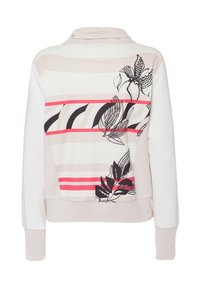 Lichtgekleurde sweatshirt met een meerkleurige gestreepte achterkant en bloemenprints in zwart en roze, lange mouwen en een hoge kraag.