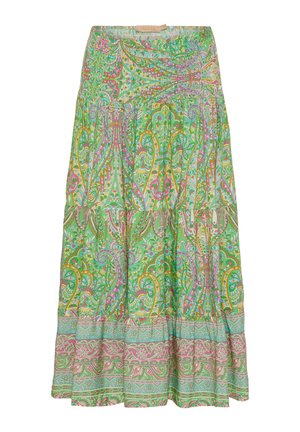 Grøntrykt nederdel med indviklede blomster- og paisleymønstre, tieret design og bred elastisk talje. Strukturstof med klare farver.