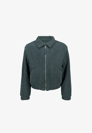 Giacca corta fuzzy di un verde scuro, con zip frontale e colletto. Presenta un tessuto morbido e testurizzato e polsini elasticizzati per una vestibilità aderente.