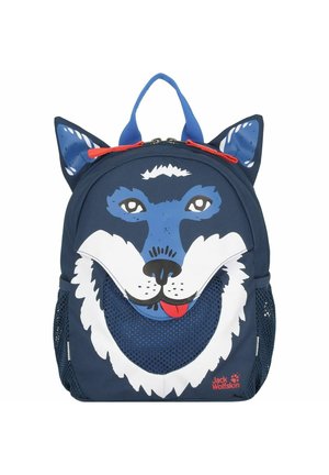 Marineblauwe kinder rugzak met een wolfgezicht ontwerp, een gaasvak aan de voorkant, blauwe oren, een rode rits en een logo op de rechteronderkant.