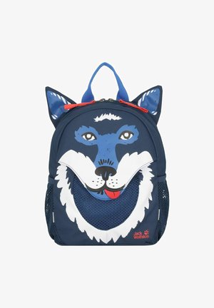 Marineblauwe kinder rugzak met een wolfgezicht ontwerp, een gaasvak aan de voorkant, blauwe oren, een rode rits en een logo op de rechteronderkant.