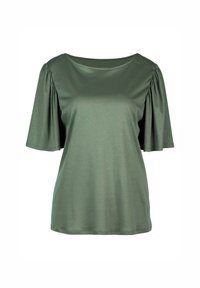 Korte mouw top in olijfgroen, met een brede halslijn en gathered mouwen. Gemaakt van zachte, lichte stof met een gladde textuur.