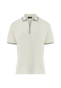 Kurzarm-Poloshirt in Off-White mit einem Reißverschlusskragen. Verfügt über schwarze gestreifte Details entlang des Kragens und der Ärmelabschlüsse. Glatte Stofftextur.