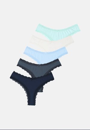 Pet komplet ženskih spodnjic v različnih pastelnih barvah z čipkastim robom: temno modra, temno siva, svetlo modra, meta zelena in bela.