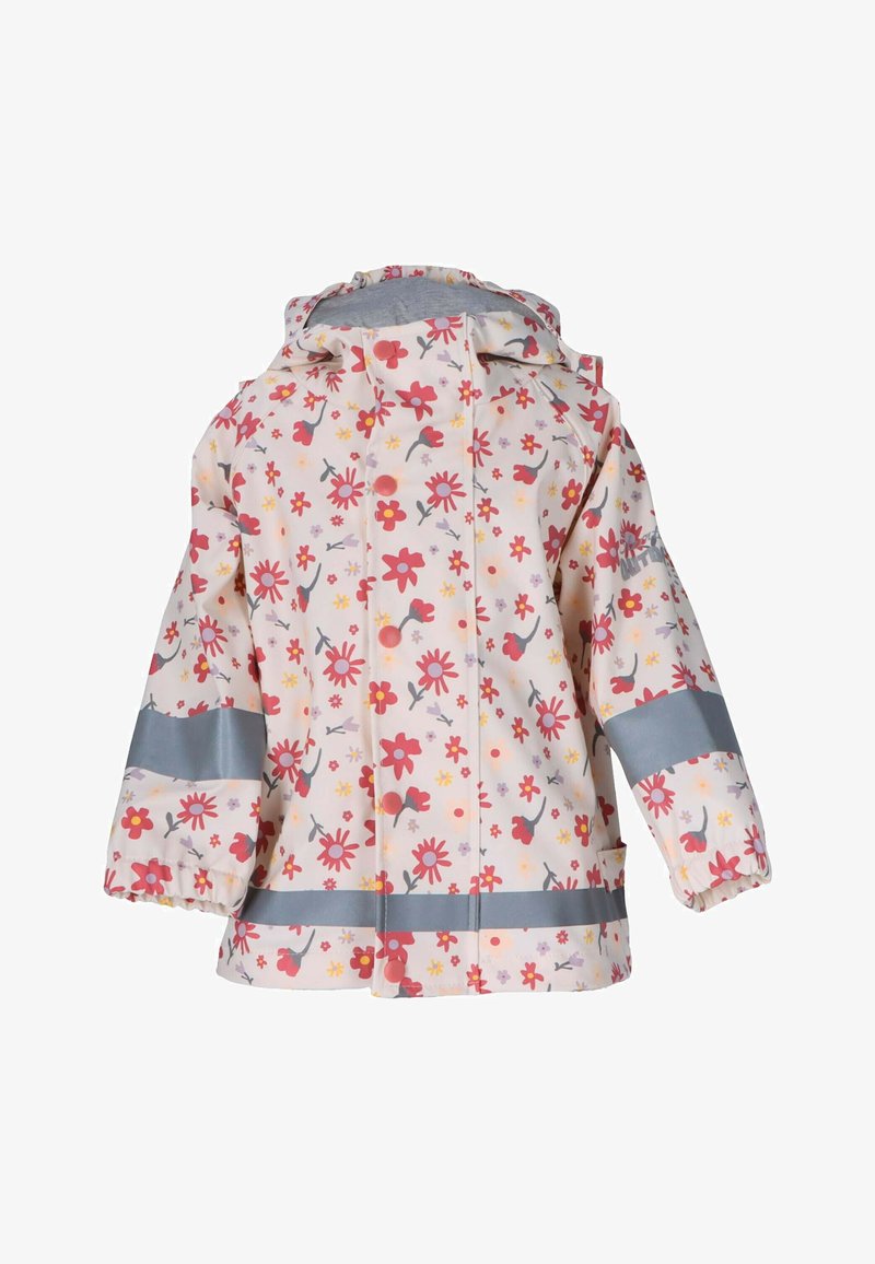 Waterproof rain jacket in light pink, featuring a floral pattern in red, yellow, and gray. Includes gray reflective stripes and a hood.