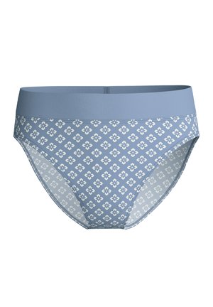 Biancheria intima blu con motivo a pattern, fascia elastica liscia e design floreale geometrico. Presenta una trama del tessuto morbida e lati senza cuciture.