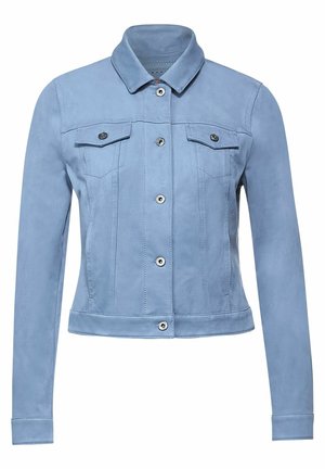 Light blue denim jacket with long sleeves, button-up front, two chest flap pockets, and a classic collar.