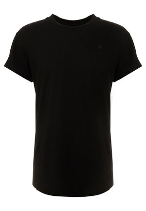 Czarny t-shirt z krótkim rękawem i okrągłym dekoltem, z małym, subtelnym logo na lewej górnej części klatki piersiowej, prezentowany na białym tle.