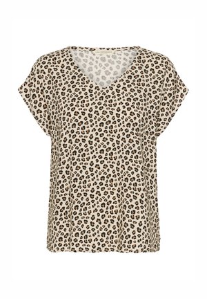 Beige V-halsblus med korta ärmar och leopardmönster i svart och brunt. Lättviktsmaterial med en slät yta.