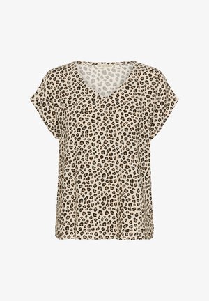 Bež bluza z V-izrezom s kratkimi rokavi in leopardskim vzorcem v črni in rjavi barvi. Lahka tkanina z gladko teksturo.