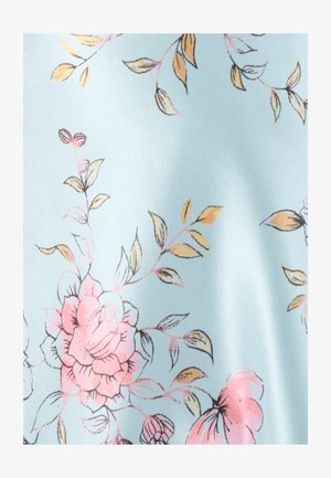 Tissu bleu clair avec un motif floral mettant en vedette des fleurs roses et des feuilles jaunes, soulignées en noir. Texture lisse et design léger.