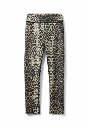 Legginsy z motywem lamparcim w odcieniach brązu i czerni na beżowym tle, ułożone płasko na białej powierzchni.