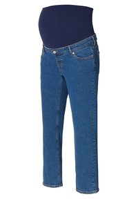 Jean de maternité avec un panneau extensible bleu marine foncé et un tissu en denim bleu, présentant un design classique à cinq poches et une coupe droite.