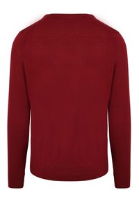 Roter Pullover mit langen Ärmeln und Rundhalsausschnitt, gefertigt aus einem glatten Strickstoff. Verfügt über ein schlichtes Design mit gerippten Bündchen und Saum.