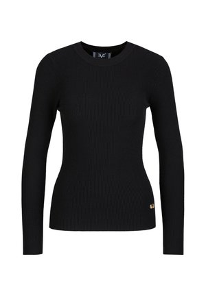 Schwarzer, gerippter Pullover mit langen Ärmeln und rundem Halsausschnitt, der am Saum mit einem kleinen goldenen Logo-Detail versehen ist und eine figurbetonte Form hat.