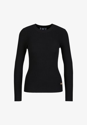 Schwarzer, gerippter Pullover mit langen Ärmeln und rundem Halsausschnitt, der am Saum mit einem kleinen goldenen Logo-Detail versehen ist und eine figurbetonte Form hat.