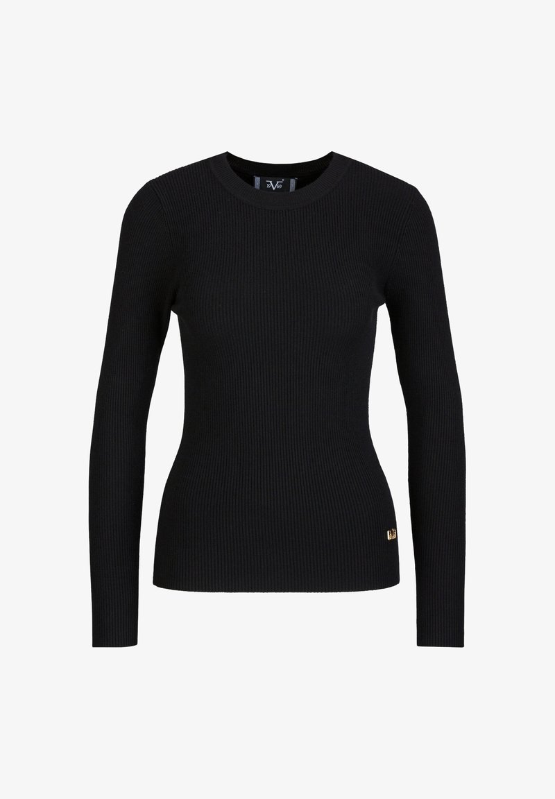 Schwarzer, gerippter Pullover mit langen Ärmeln und rundem Halsausschnitt, der am Saum mit einem kleinen goldenen Logo-Detail versehen ist und eine figurbetonte Form hat.