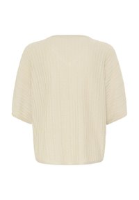 Pull tricoté à manches courtes de couleur crème avec un motif côtelé vertical et une coupe ample et carrée.