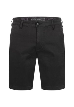 Shorts en coton noir avec une fermeture à bouton, des passants de ceinture et une coupe droite. Texture lisse et finition soignée sans motifs visibles.