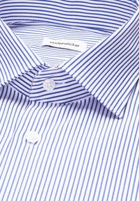 Camicia da uomo a righe con strisce verticali blu e bianche, colletto classico, due bottoni e etichetta Seidensticker. Tessuto in cotone.