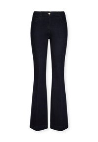 Tmavě modré deninové zvonové džíny s pěti kapsami, předním zapínáním na knoflík a mírně texturovaným povrchem. Na okrajích jsou zakončeny.