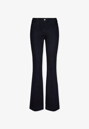 Dunkelblaue Jeans im Schlagstil aus Denim mit fünf Taschen, einem vorderen Knopfverschluss und einer leicht strukturierten Oberfläche. Gekettelte untere Kanten.