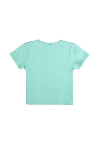 T-shirt in cotone verde menta, maniche corte, collo rotondo, colore unito, texture liscia, orli rifiniti, senza motivi o decorazioni.