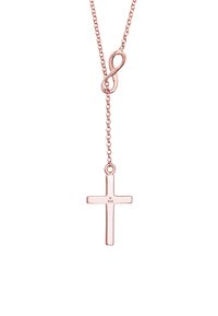 Rose gold halskæde med et uendelighedssymbol og et fladt kors vedhæng. Kæden er delikat med en poleret finish og en 925 mærkning.
