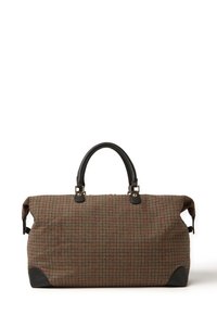 Braune und schwarze Hahnentritt-Muster-Tasche mit schwarzen Ledergriffen und Ecken-Schutz auf weißem Hintergrund.