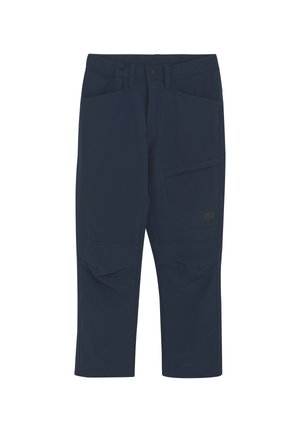 Pantalons bleu marine, jusqu'aux genoux, en tissu doux et extensible ; avec plusieurs poches et un écusson avec logo sur le côté.