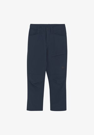 Marineblauwe kniebroek gemaakt van zachte, rekbare stof; heeft meerdere zakken en een logopatch aan de zijkant.