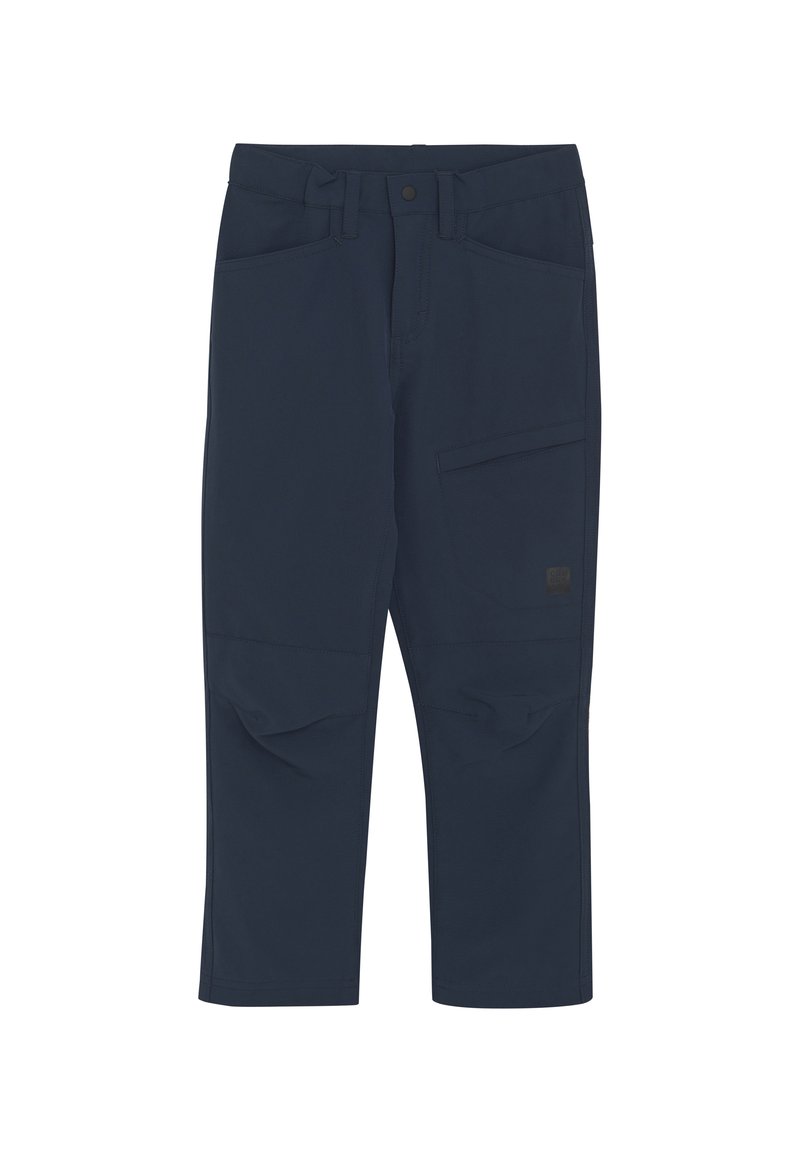 Granatowe spodnie do kolan, wykonane z miękkiego, elastycznego materiału; posiadają liczne kieszenie i naszywkę z logo z boku.